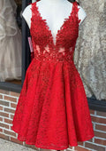 Beautiful A-Line V-Neck Sleeveless Lace Mini Homecoming Dress With Beading BM bride