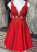 Beautiful A-Line V-Neck Sleeveless Lace Mini Homecoming Dress With Beading BM bride