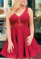 Beautiful A-Line V-Neck Sleeveless Lace Mini Homecoming Dress With Beading BM bride