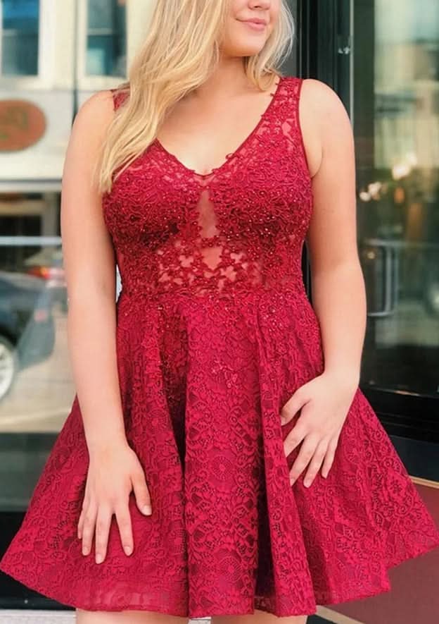 Beautiful A-Line V-Neck Sleeveless Lace Mini Homecoming Dress With Beading BM bride