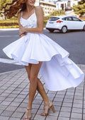Modern A-Line Sweetheart Sleeveless Satin Asymmetrical Homecoming Dress With Appliqued Details BM bride