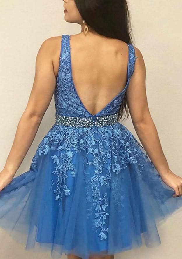 Exquisite A-Line V-Neck Sleeveless Tulle Mini Homecoming Dress With Appliqued Beading Lace BM bride