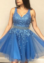 Exquisite A-Line V-Neck Sleeveless Tulle Mini Homecoming Dress With Appliqued Beading Lace BM bride