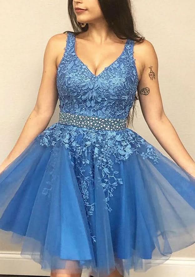 Exquisite A-Line V-Neck Sleeveless Tulle Mini Homecoming Dress With Appliqued Beading Lace BM bride