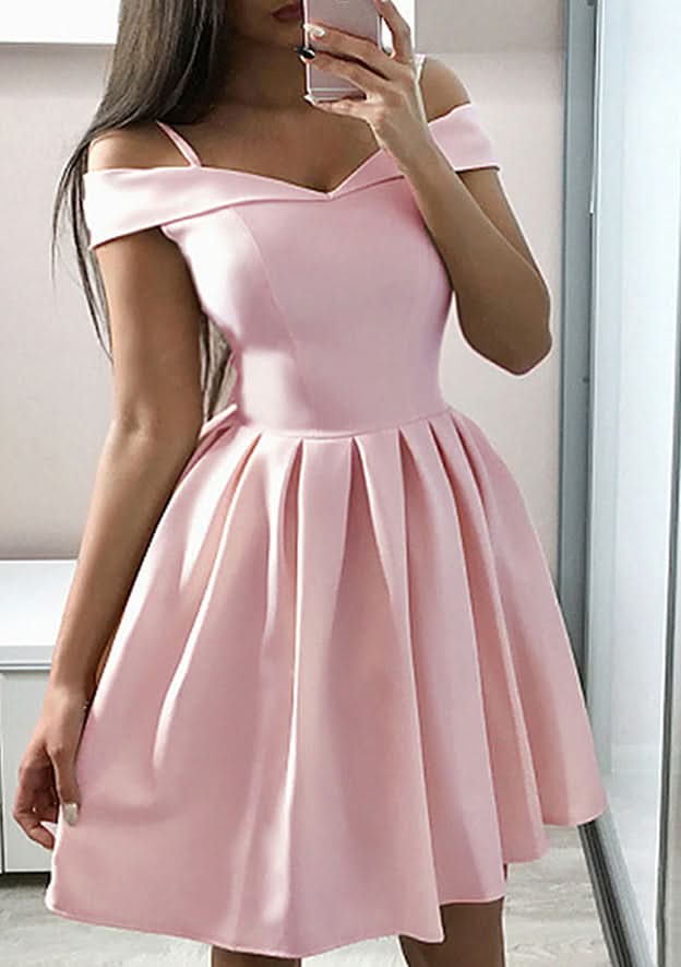 Lovely A-Line Off-The-Shoulder Sleeveless Satin Mini Homecoming Dress With Ruffles BM bride