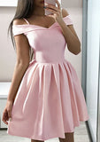 Lovely A-Line Off-The-Shoulder Sleeveless Satin Mini Homecoming Dress With Ruffles BM bride