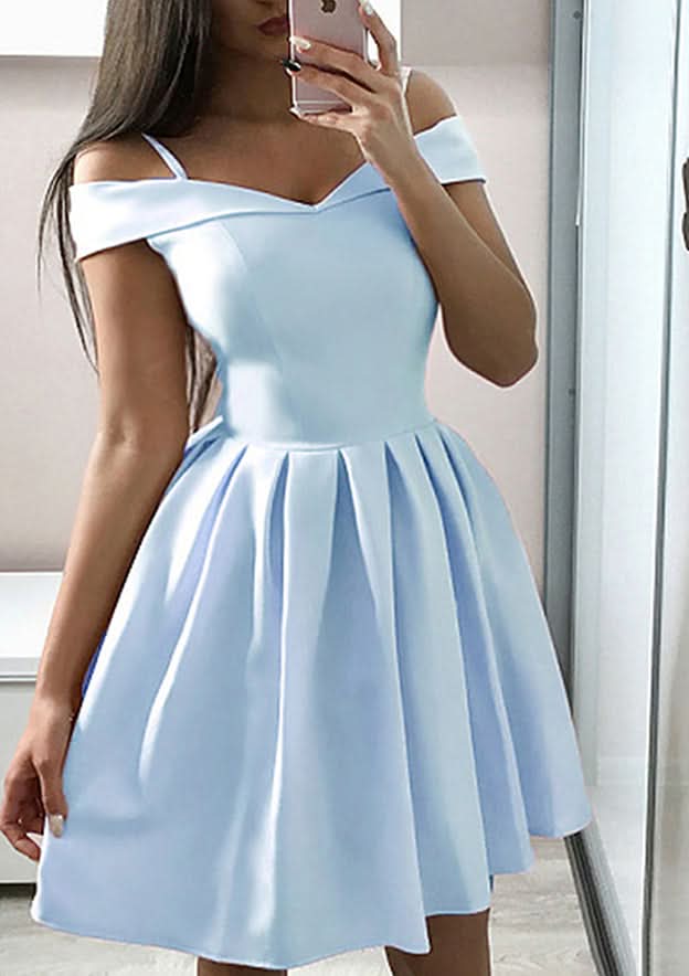 Lovely A-Line Off-The-Shoulder Sleeveless Satin Mini Homecoming Dress With Ruffles BM bride