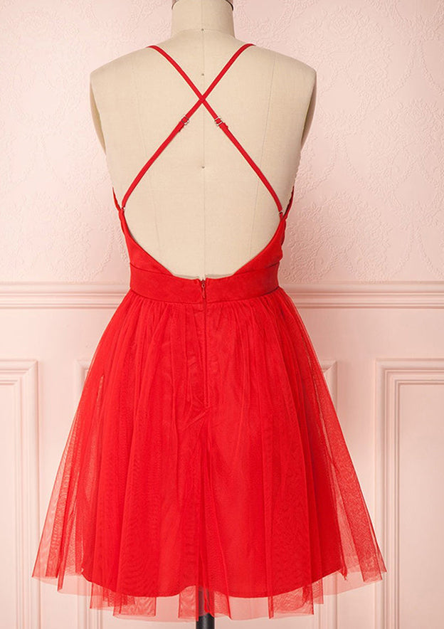 Graceful A-Line V-Neck Sleeveless Tulle Mini Homecoming Dress With Pleats BM bride