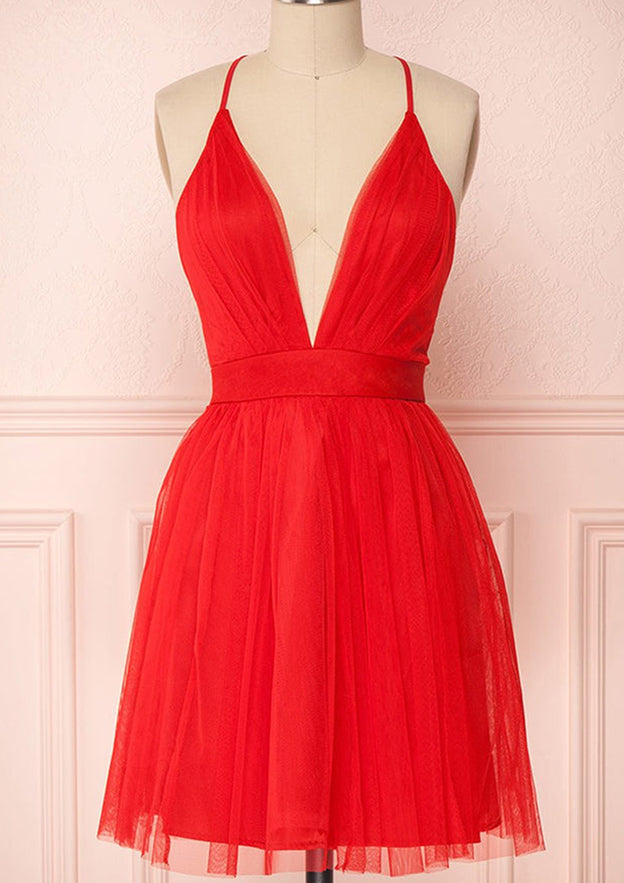 Graceful A-Line V-Neck Sleeveless Tulle Mini Homecoming Dress With Pleats BM bride