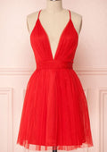 Graceful A-Line V-Neck Sleeveless Tulle Mini Homecoming Dress With Pleats BM bride