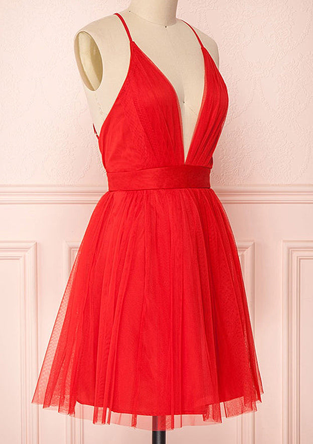 Graceful A-Line V-Neck Sleeveless Tulle Mini Homecoming Dress With Pleats BM bride