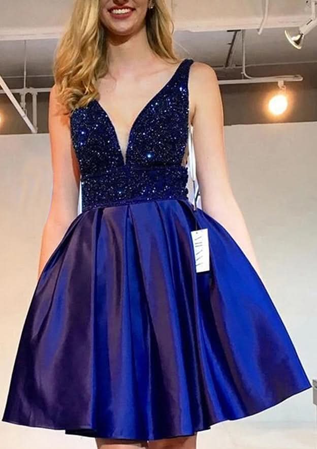 Unique A-Line V-Neck Sleeveless Taffeta Mini Homecoming Dress With Beading Ruffles Sequins BM bride