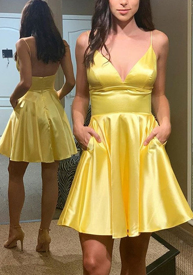 Radiant A-Line V-Neck Sleeveless Charmeuse Mini Homecoming Dress With Pockets BM bride
