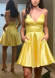 Radiant A-Line V-Neck Sleeveless Charmeuse Mini Homecoming Dress With Pockets BM bride