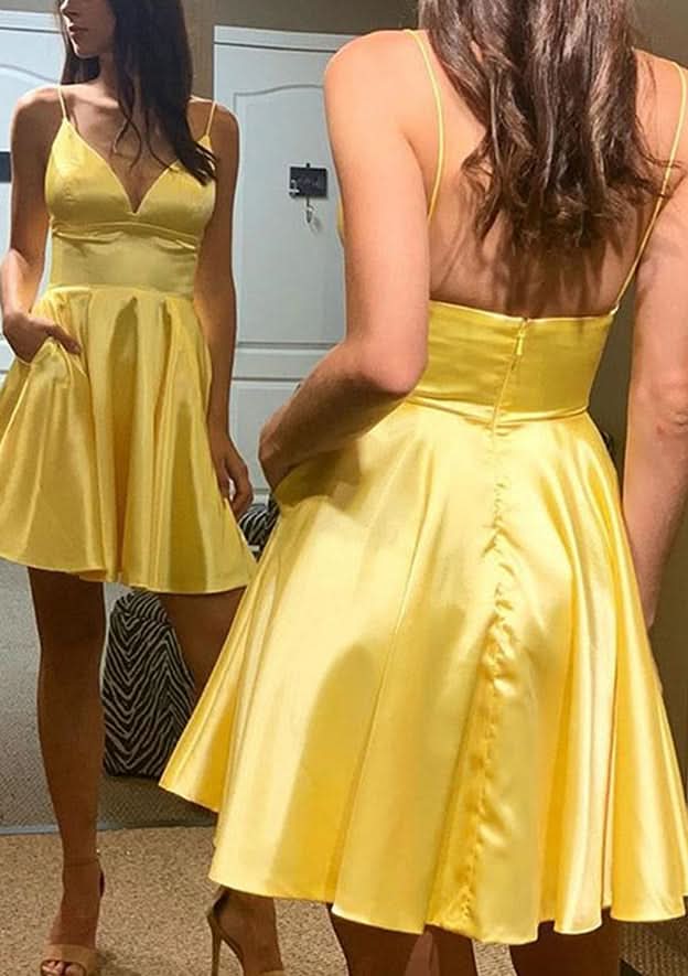 Radiant A-Line V-Neck Sleeveless Charmeuse Mini Homecoming Dress With Pockets BM bride