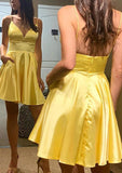 Radiant A-Line V-Neck Sleeveless Charmeuse Mini Homecoming Dress With Pockets BM bride