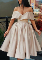 Sophisticated Ball Gown Off-The-Shoulder Sleeveless Satin Knee-Length Homecoming Dress With Ruffles BM bride