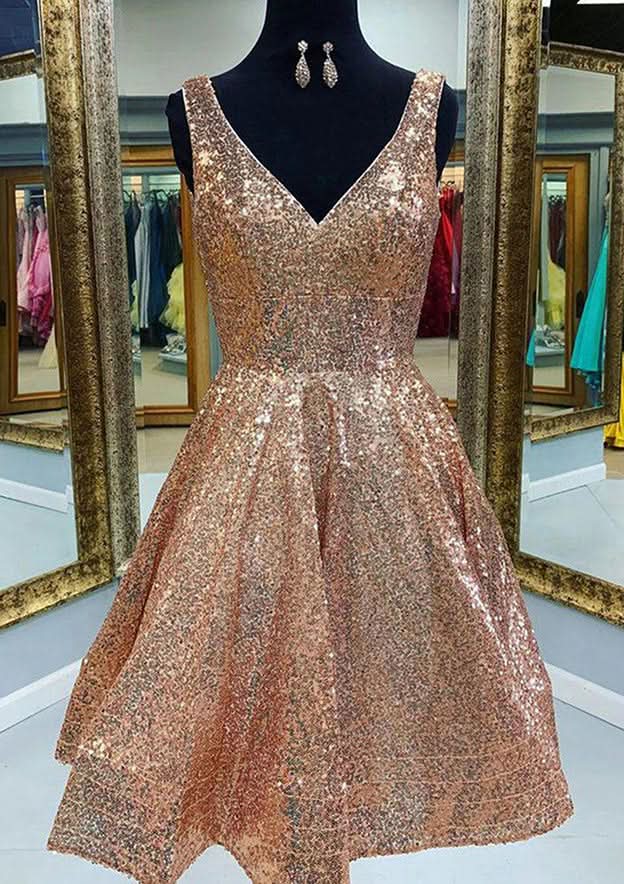 Elegant A-Line V-Neck Sleeveless Sequined Knee-Length Homecoming Dress BM bride