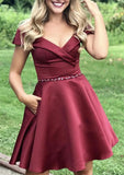 Sophisticated A-Line Off-The-Shoulder Sleeveless Satin Mini Homecoming Dress With Beading Pockets BM bride