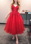 Beautiful A-Line Ball Gown Princess V-Neck Sleeveless Lace Tulle Tea-Length Homecoming Dress BM bride