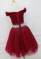 Elegant A-Line Off-The-Shoulder Sleeveless Tulle Mini Homecoming Dress With Pleated Beading BM bride
