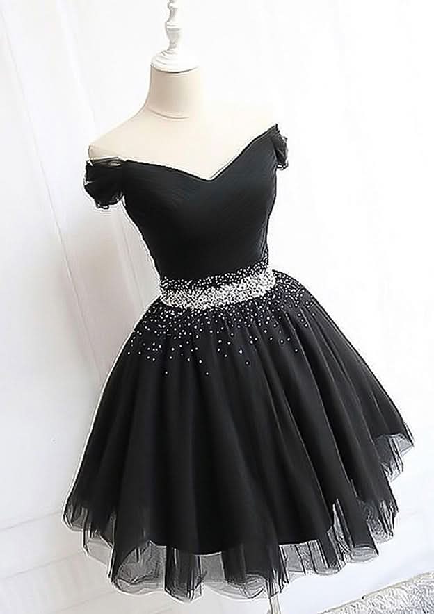 Elegant A-Line Off-The-Shoulder Sleeveless Tulle Mini Homecoming Dress With Pleated Beading BM bride