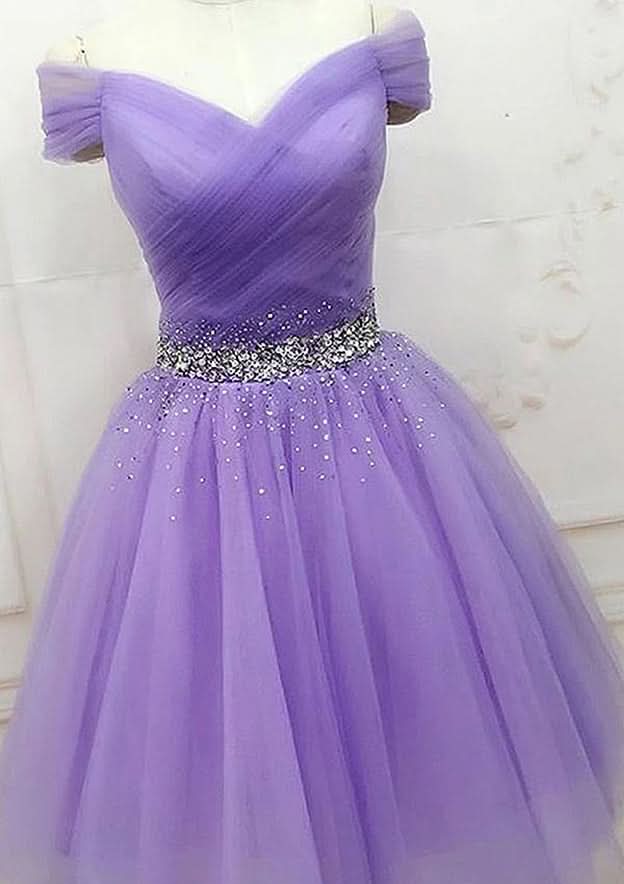Elegant A-Line Off-The-Shoulder Sleeveless Tulle Mini Homecoming Dress With Pleated Beading BM bride