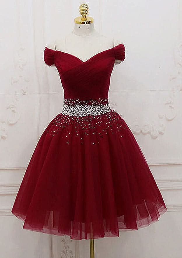Elegant A-Line Off-The-Shoulder Sleeveless Tulle Mini Homecoming Dress With Pleated Beading BM bride