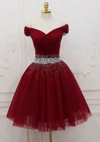 Elegant A-Line Off-The-Shoulder Sleeveless Tulle Mini Homecoming Dress With Pleated Beading BM bride