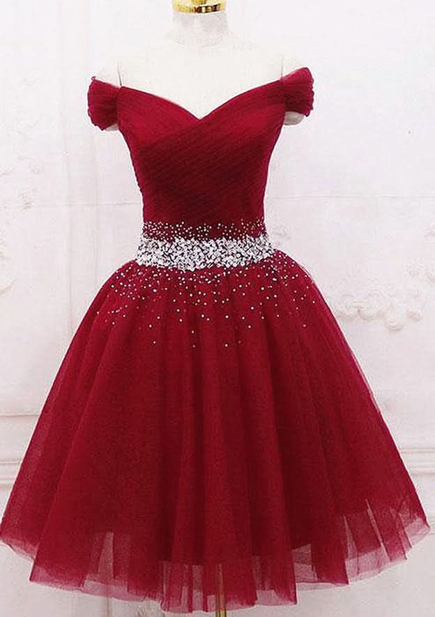 Elegant A-Line Off-The-Shoulder Sleeveless Tulle Mini Homecoming Dress With Pleated Beading BM bride