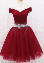 Elegant A-Line Off-The-Shoulder Sleeveless Tulle Mini Homecoming Dress With Pleated Beading BM bride