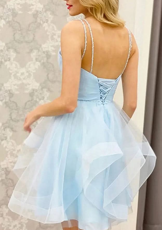 Stylish A-Line V-Neck Sleeveless Tulle Mini Homecoming Dress With Beading Pleats BM bride