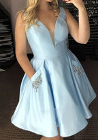 Stunning A-Line V-Neck Sleeveless Satin Mini Homecoming Dress With Pockets And Beading BM bride