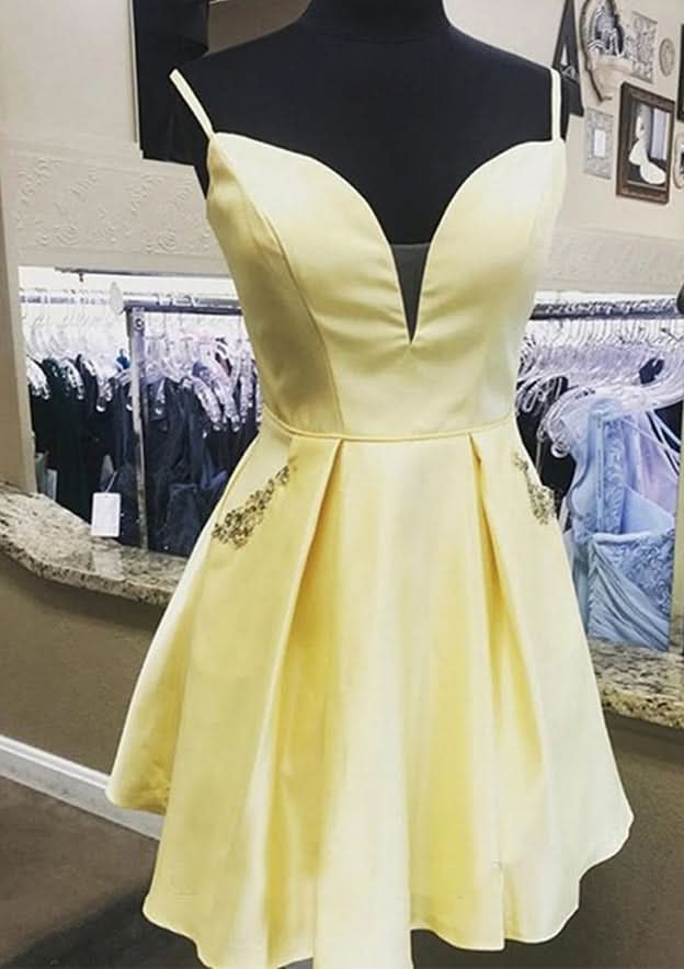 Stunning A-Line V-Neck Sleeveless Satin Mini Homecoming Dress With Pockets And Beading BM bride