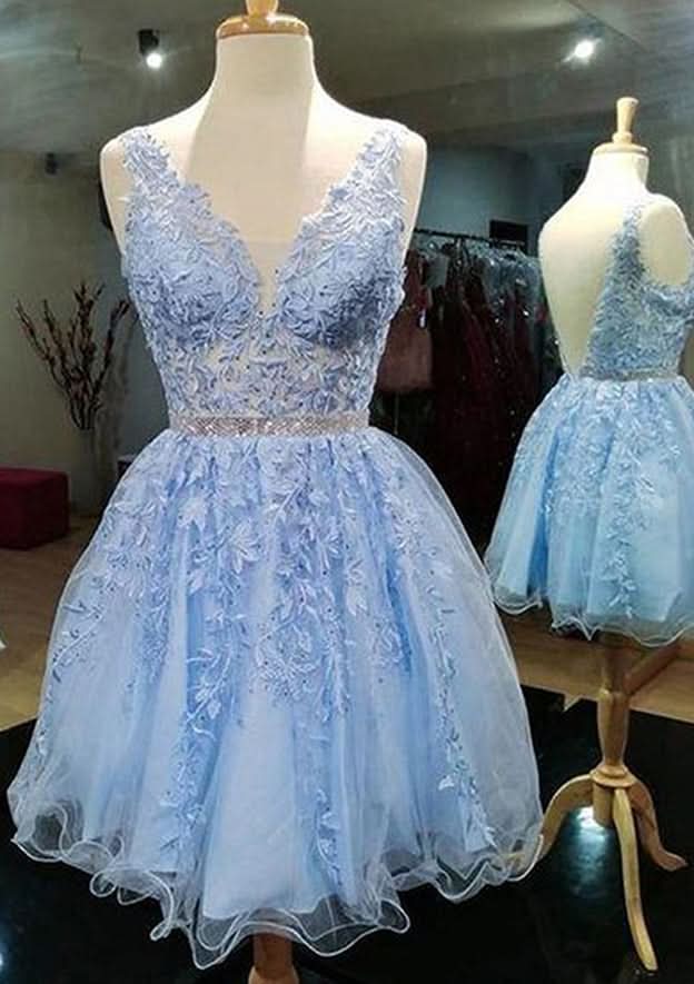 Lovely A-Line V-Neck Mini Lace Homecoming Dress With Appliqued Beading BM bride