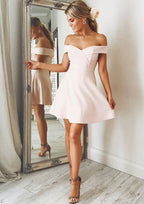 Cute A-Line Off-The-Shoulder Sleeveless Mini Elastic Satin Homecoming Dress BM bride