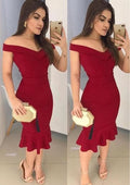 Stylish Sheath Off-The-Shoulder Sleeveless Elastic Satin Stretch Crepe Knee-Length Homecoming Dress BM bride