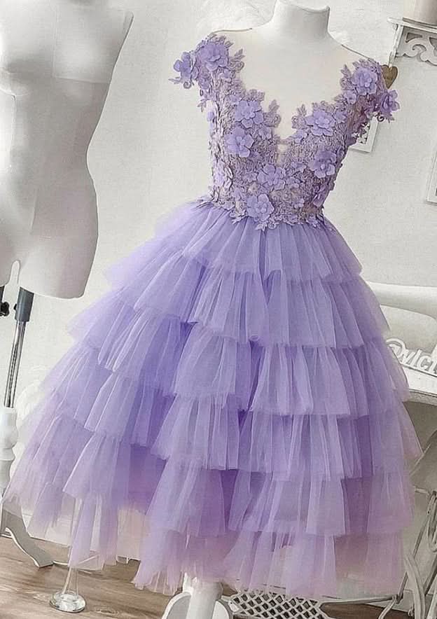 Charming A-Line V-Neck Sleeveless Mini Tulle Homecoming Dress With Applique BM bride