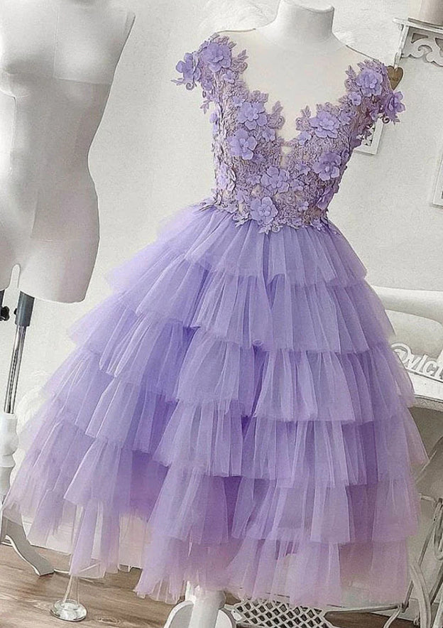 Charming A-Line V-Neck Sleeveless Mini Tulle Homecoming Dress With Applique BM bride