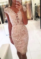 Elegant Sheath/Column V-Neck Sleeveless Lace Knee-Length Homecoming Dress With Beading BM bride
