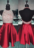 Chic A-Line Halter Sleeveless Satin Mini Homecoming Dress With Beading Sequins BM bride
