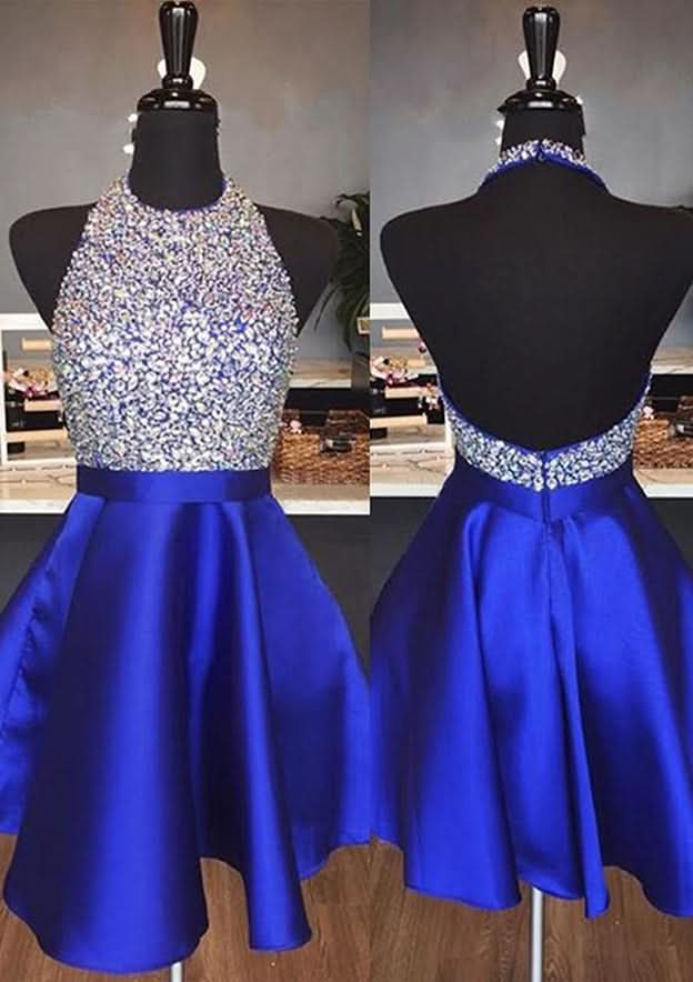 Chic A-Line Halter Sleeveless Satin Mini Homecoming Dress With Beading Sequins BM bride