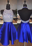 Chic A-Line Halter Sleeveless Satin Mini Homecoming Dress With Beading Sequins BM bride