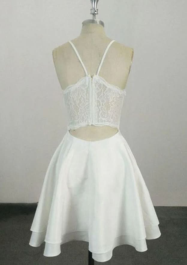 Delicate A-Line V-Neck Sleeveless Satin Mini Homecoming Dress With Lace BM bride
