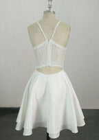 Delicate A-Line V-Neck Sleeveless Satin Mini Homecoming Dress With Lace BM bride