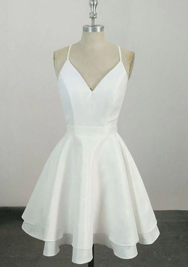 Delicate A-Line V-Neck Sleeveless Satin Mini Homecoming Dress With Lace BM bride