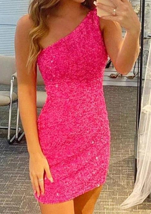 Sparkling Sheath One-Shoulder Sleeveless Sequined Mini Homecoming Dress BM bride