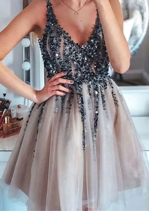 Shimmering A-Line V-Neck Sleeveless Tulle Mini Homecoming Dress With Sequins Beading BM bride