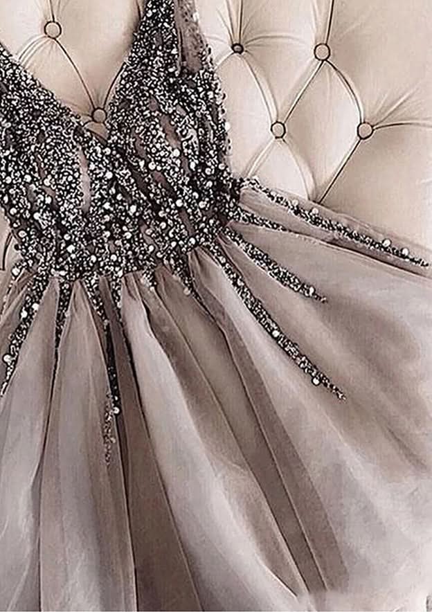 Shimmering A-Line V-Neck Sleeveless Tulle Mini Homecoming Dress With Sequins Beading BM bride