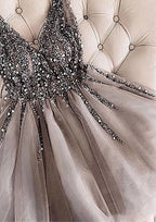 Shimmering A-Line V-Neck Sleeveless Tulle Mini Homecoming Dress With Sequins Beading BM bride
